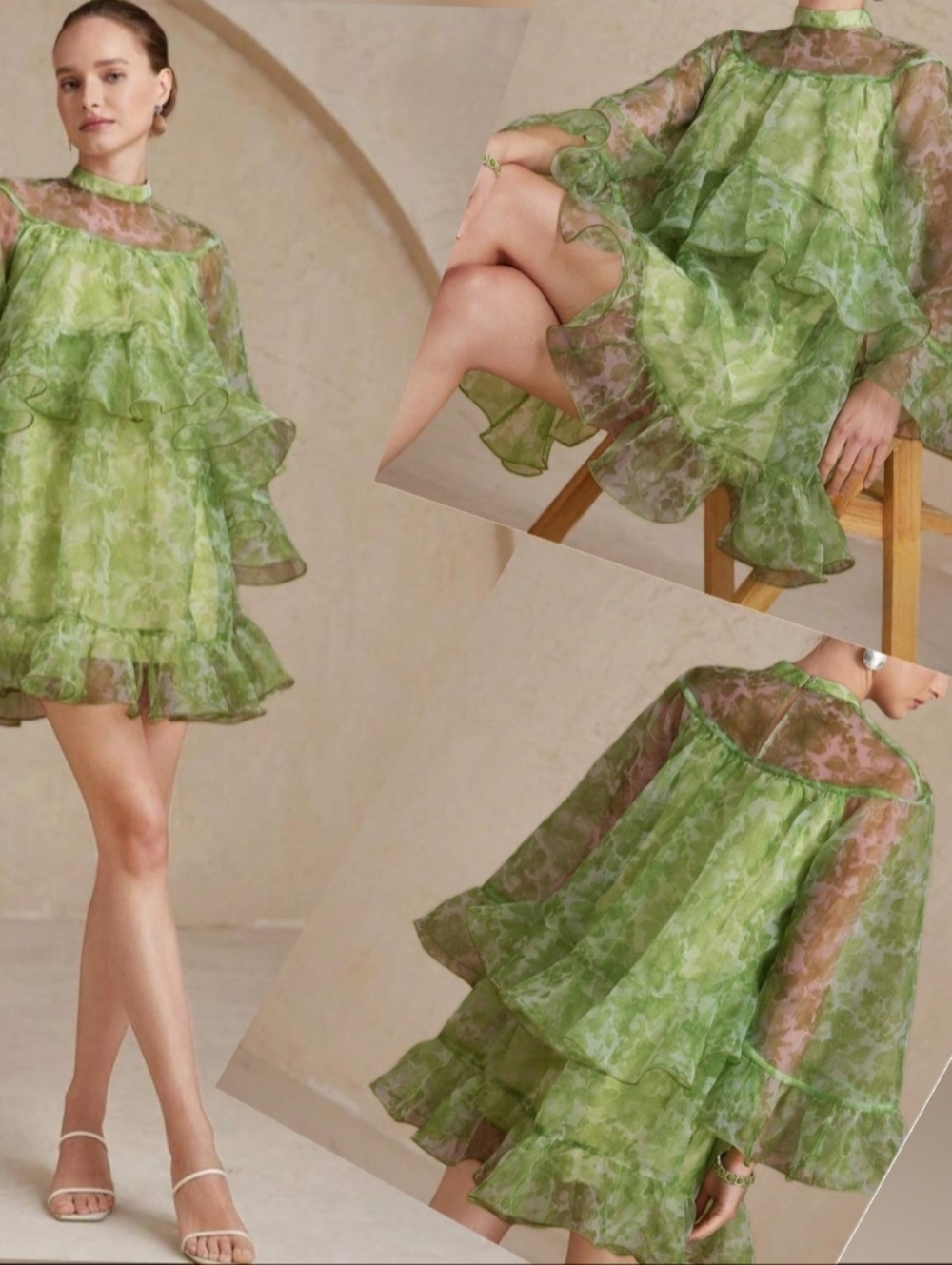Elegant Floral Sheer Organza Mini Tunic Dress Layered Ruffle Sleeves Lime Green
